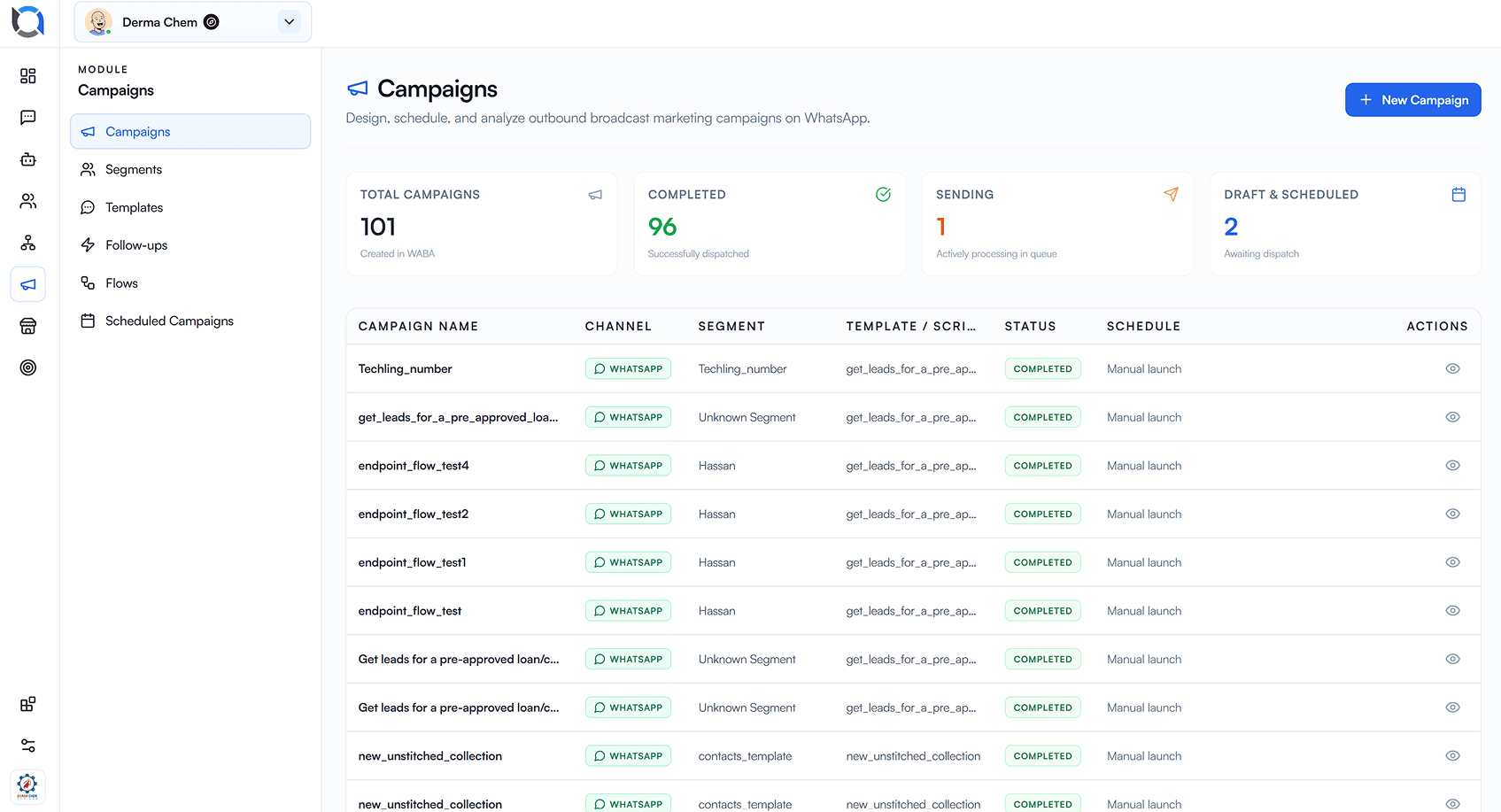 Offlo campaigns dashboard with audience segments and scheduling