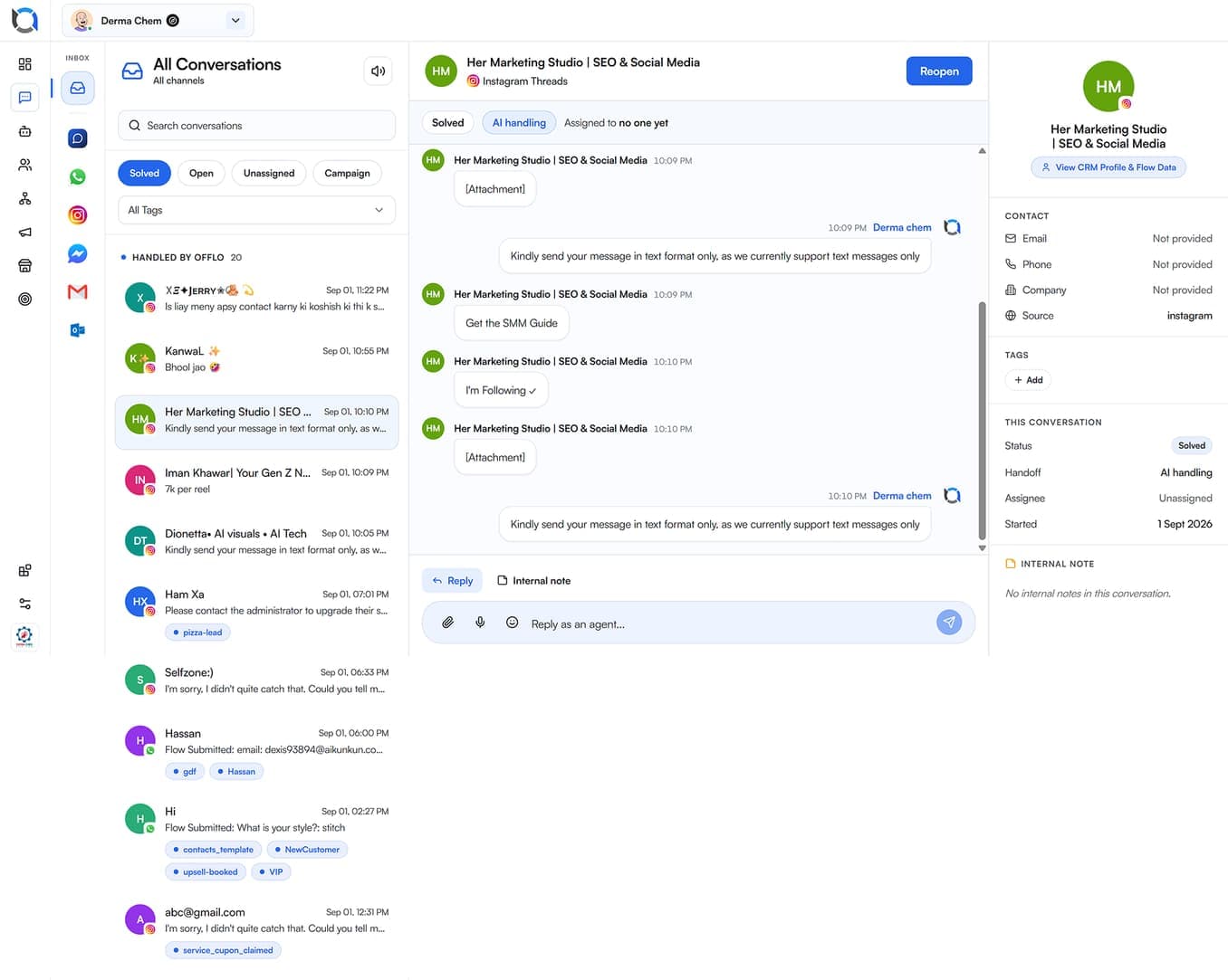 Student enquiry in the Offlo inbox