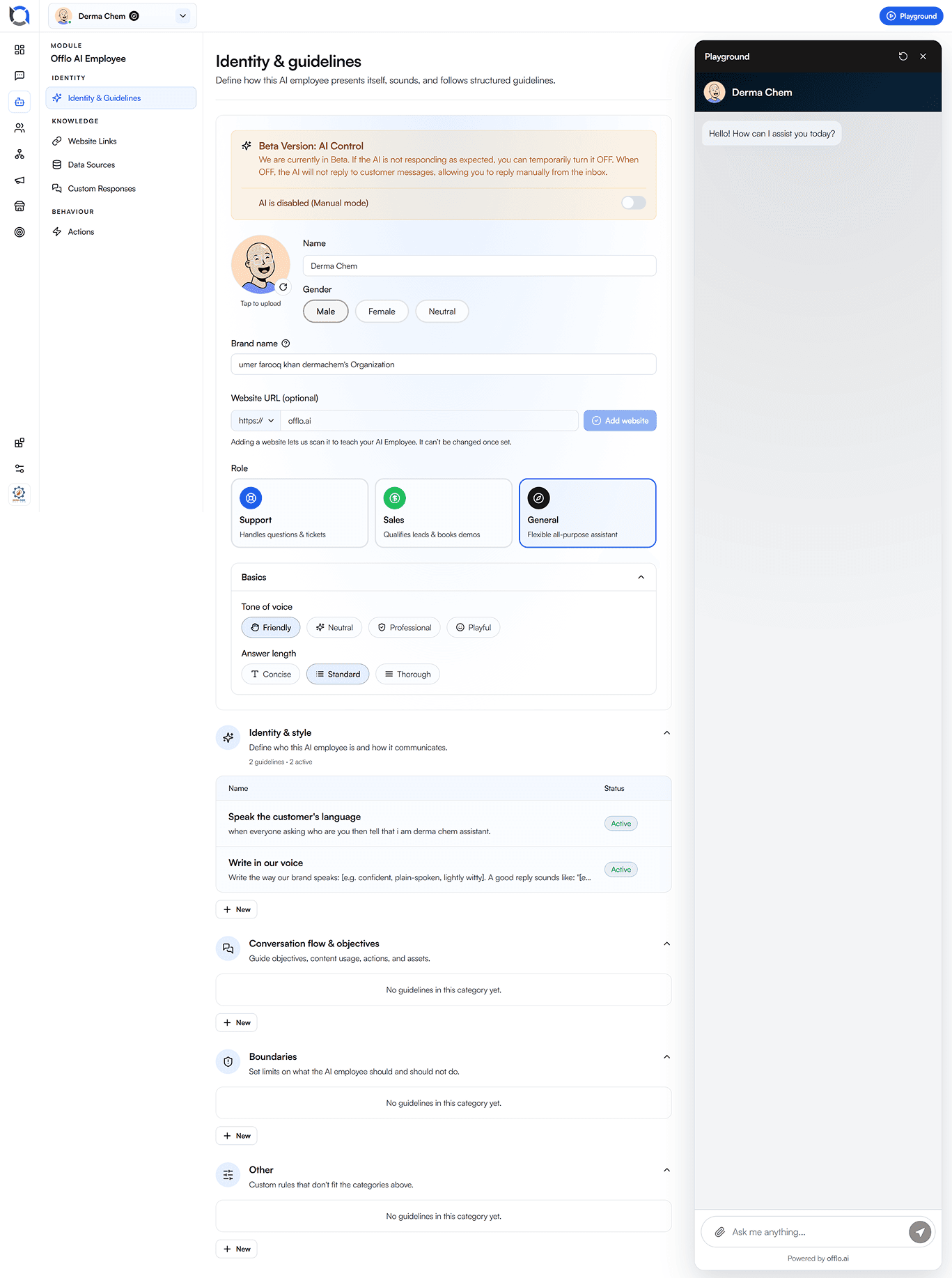 AI identity and boundaries configured in Offlo