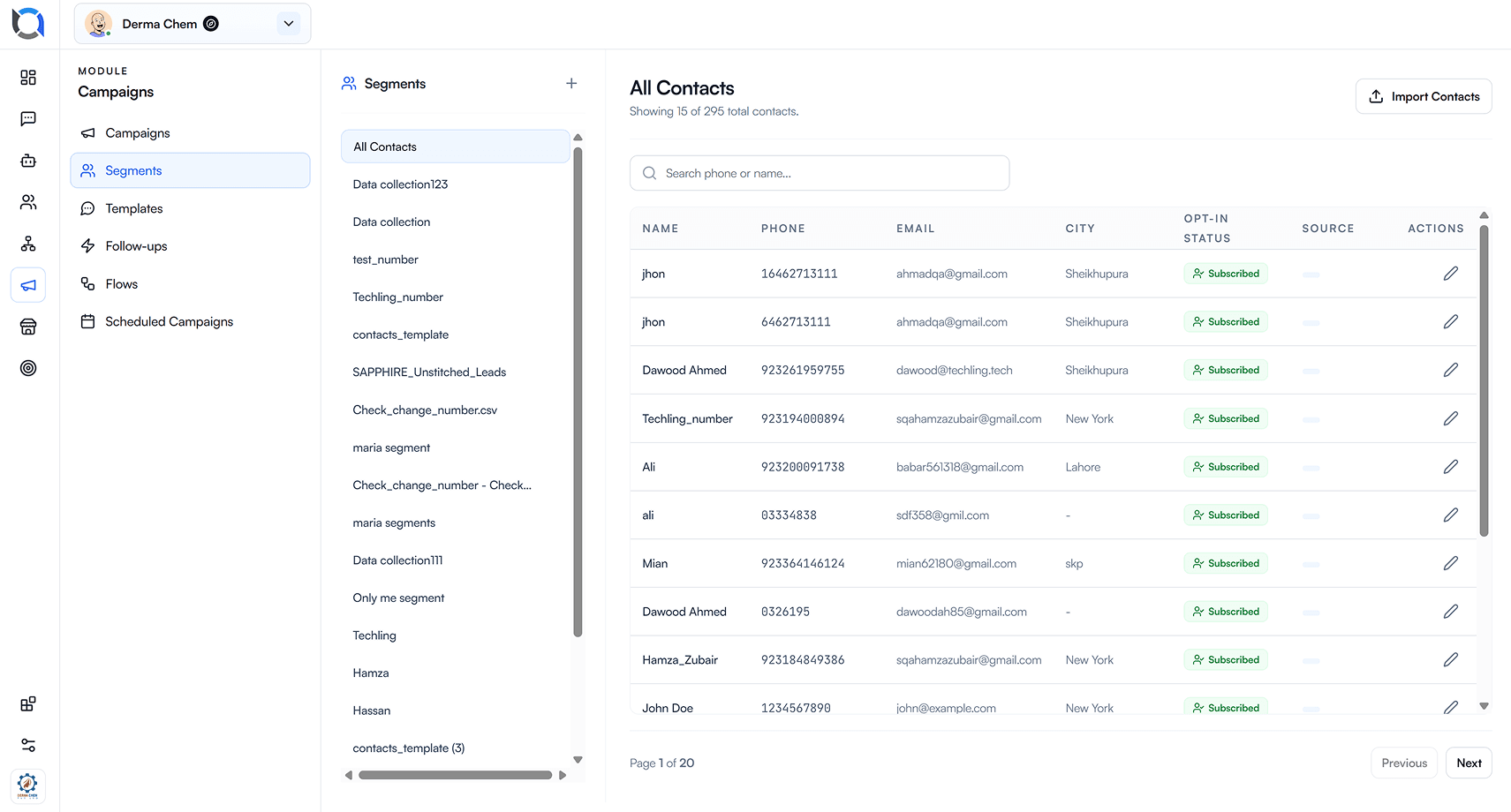 Contacts filtered by properties, source and behaviour